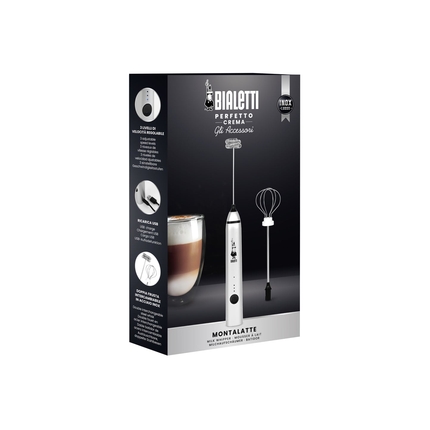 Bialetti Stab-Milchaufschäumer mit zwei Aufsätzen und drei Geschwindigkeitsstufen USB-aufladbar