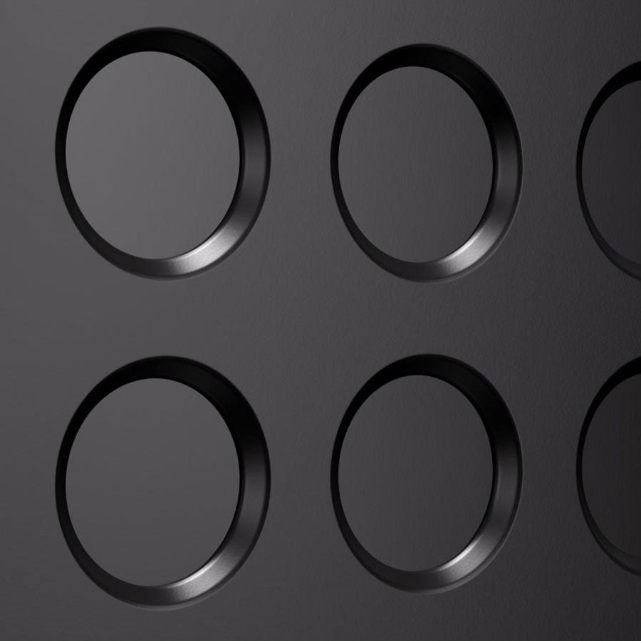 Rocket Appartamento TCA Espressomaschine Detailaufnahme der schwarzen runden Tasten im modernen Design