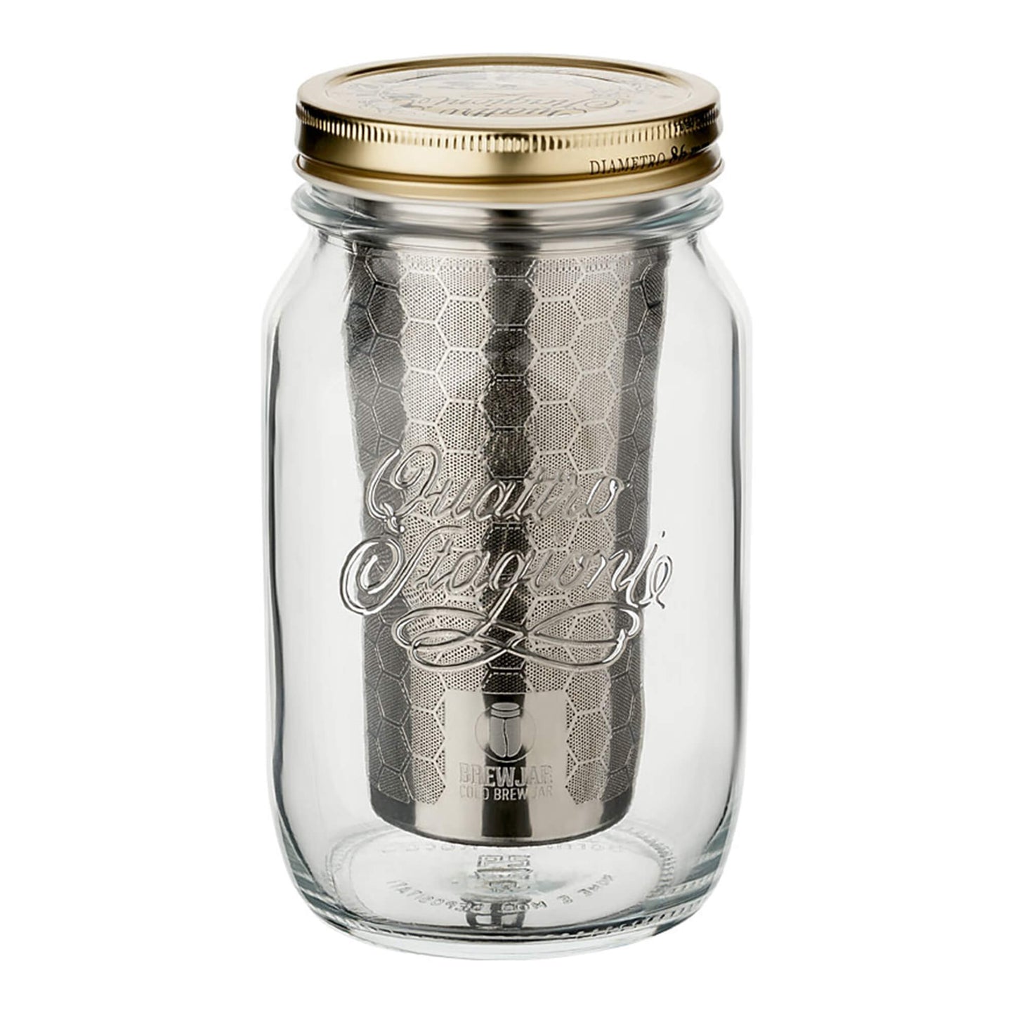 Brewjar Cold Brew Jar Glas mit Edelstahlsiebeinsatz zum einfachen Zubereiten und Lagern von Cold Brew Kaffee.