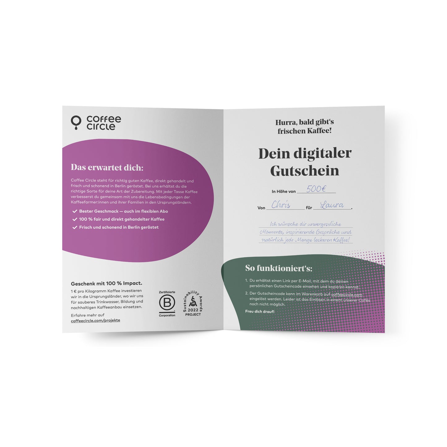 Digitaler Geschenkgutschein für Kaffee flexibel einlösbar als PDF zum Ausdrucken und sofort nutzbar.