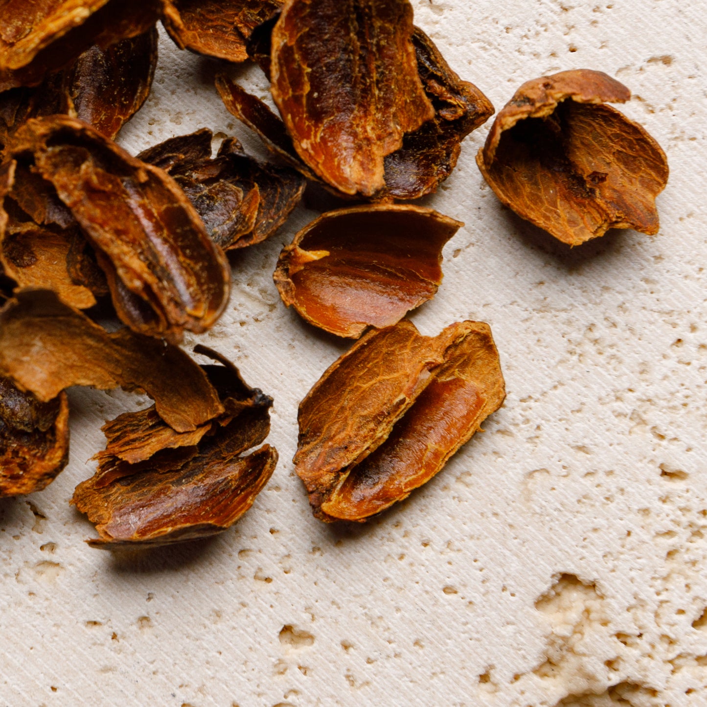 Nahaufnahme von getrockneten Kaffeeschalen für den Cascara Tee in 100 g Tüte.