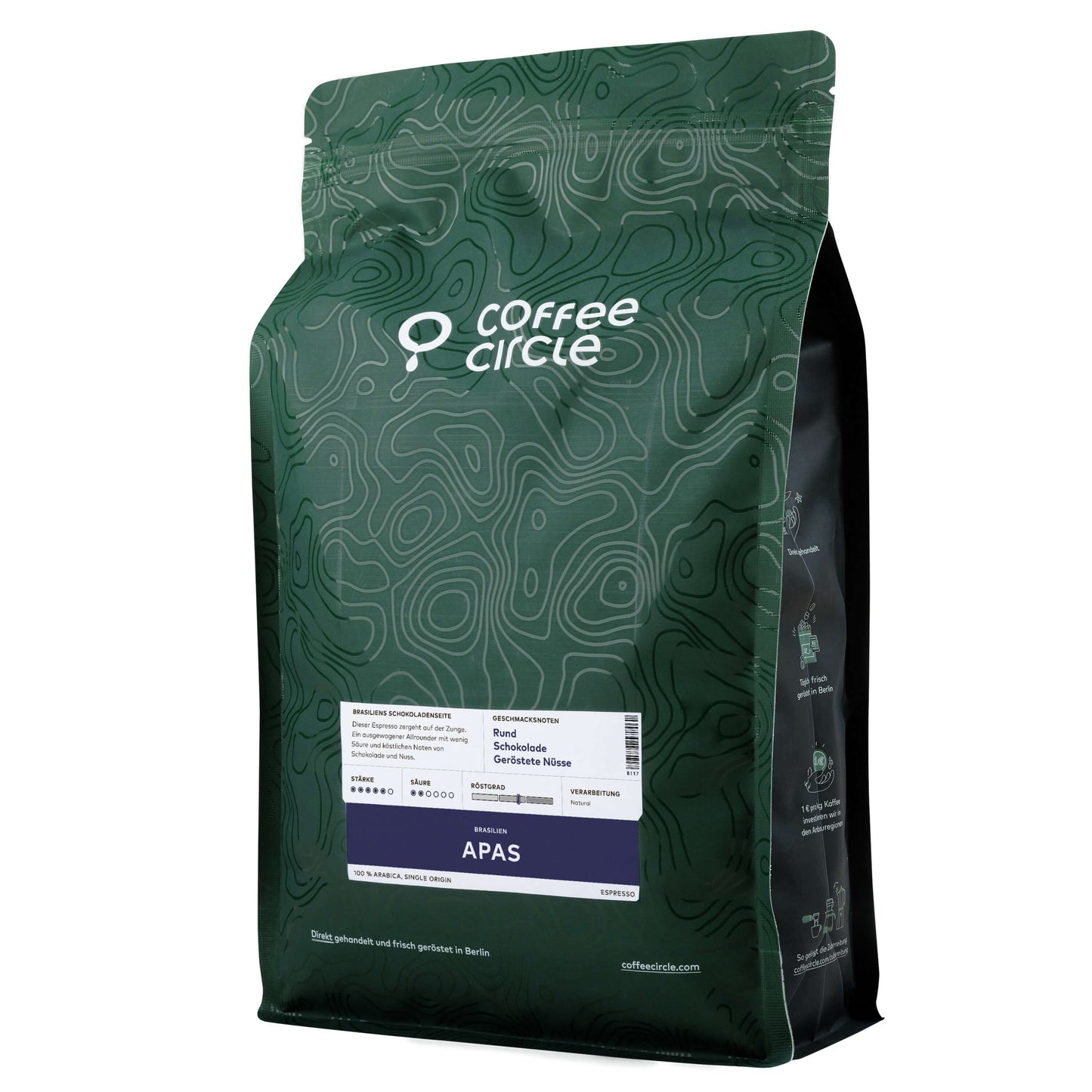 Espresso Apas Kaffee Verpackung von Coffee Circle mit Schokolade- und Nussnoten, ausgewogen und säurearm.
