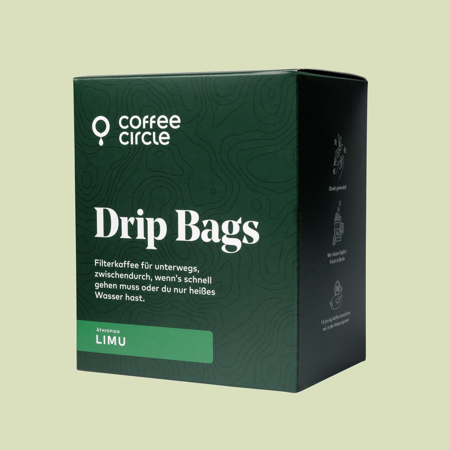 Drip Bags Filterkaffee für unterwegs mit Limu aus Äthiopien – schnell zubereitet mit heißem Wasser.