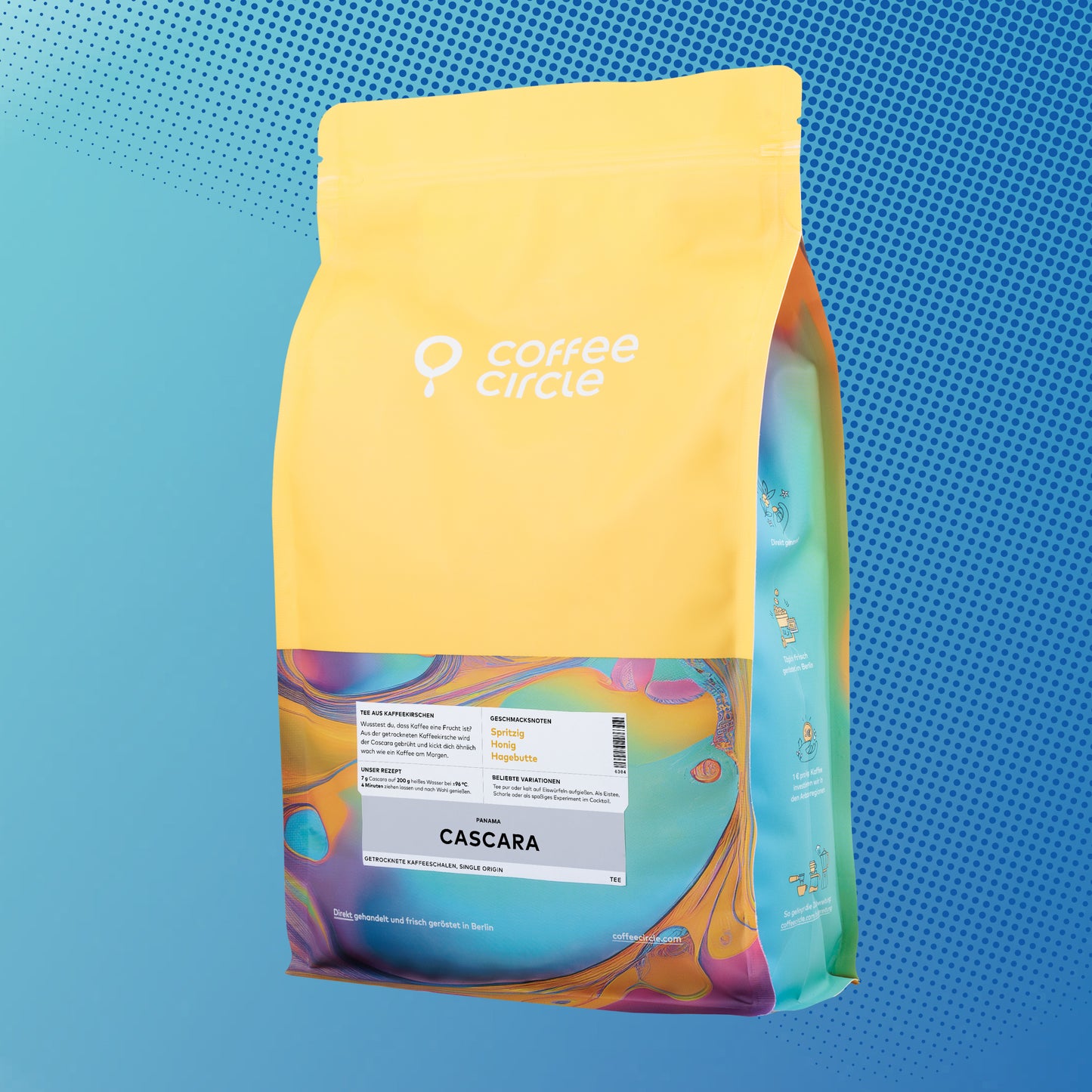 Verpackung des Cascara Tee von Coffee Circle mit weichem Aroma aus Geisha-Kaffeeschalen, 100g-Tüte.