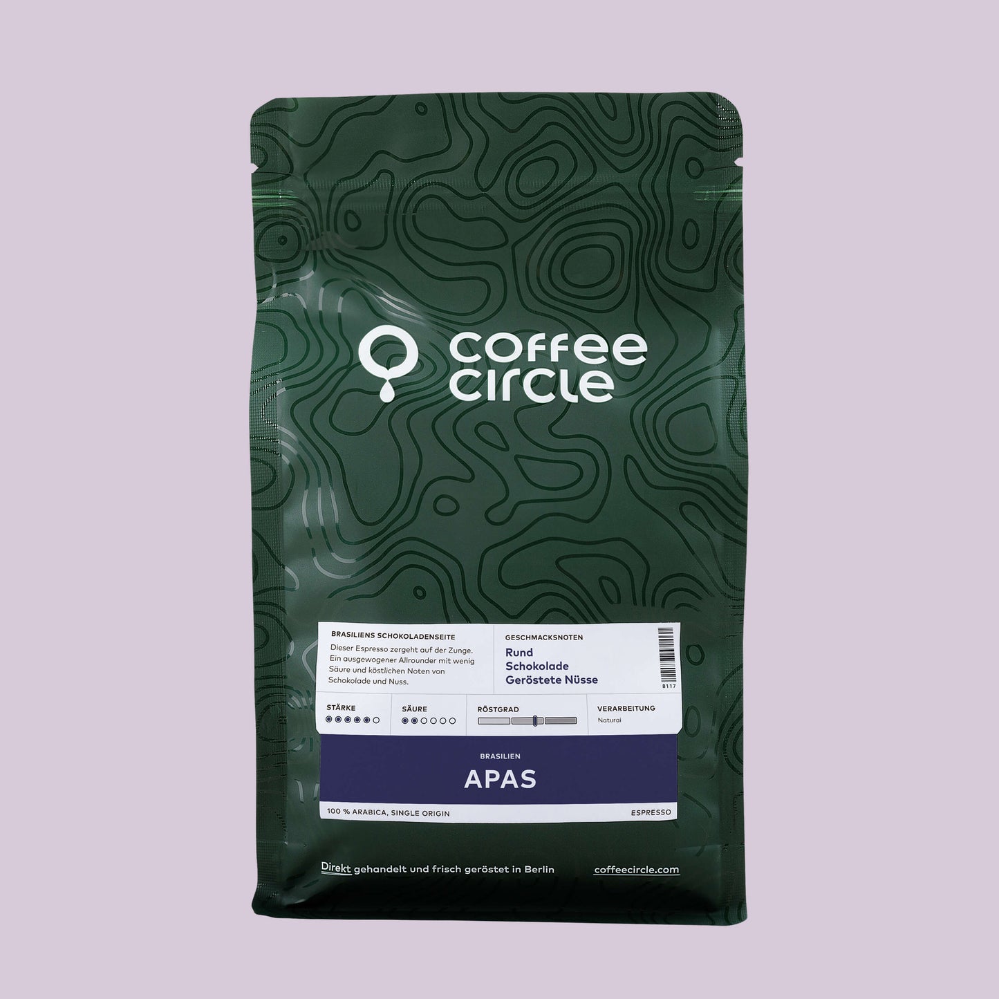 Espresso Apas Kaffeepackung mit ausgewogenem Geschmack, Noten von Schokolade und gerösteten Nüssen.