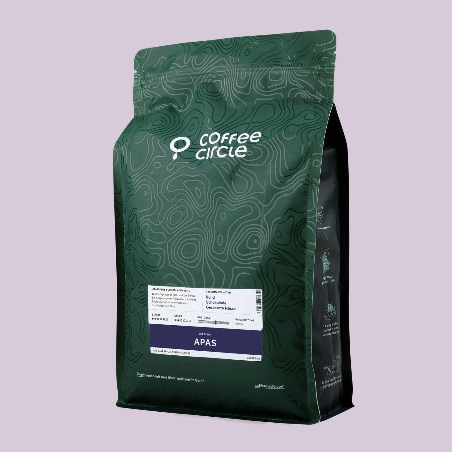 Espresso Apas Kaffee im grünen Beutel mit schokoladigen und nussigen Noten, ausgewogen und wenig Säure.