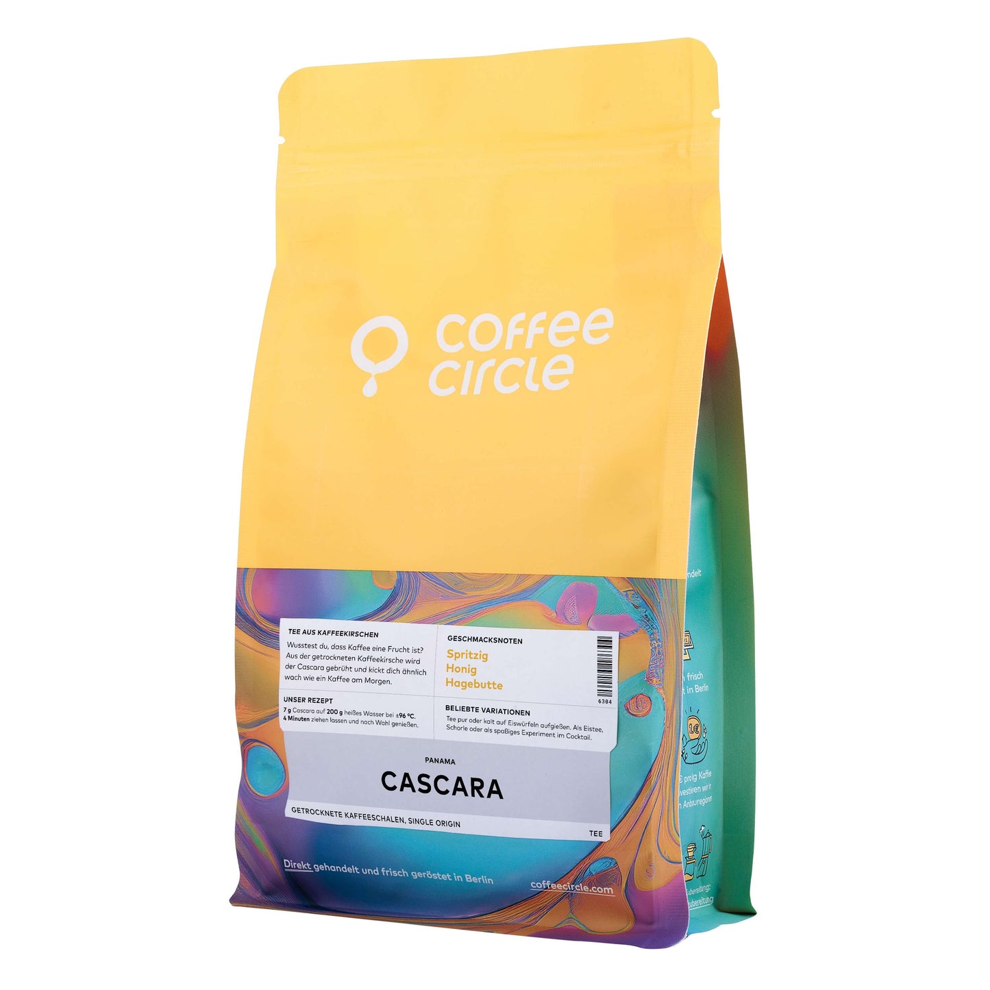 Cascara Tee von Coffee Circle in bunter Verpackung mit 100g fein getrockneter Kaffeeschale