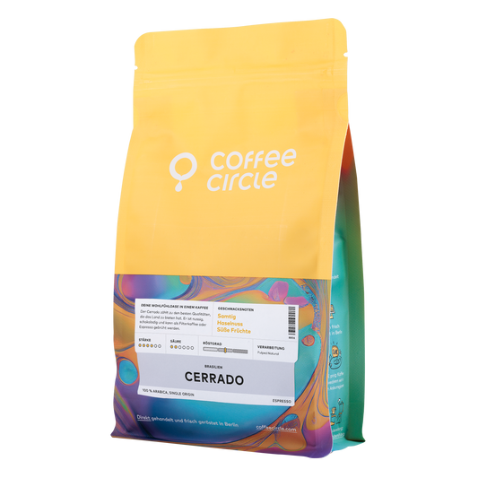 Espresso Cerrado Kaffeetüte gelb mit nussigem und schokoladigem Geschmack aus Brasilien