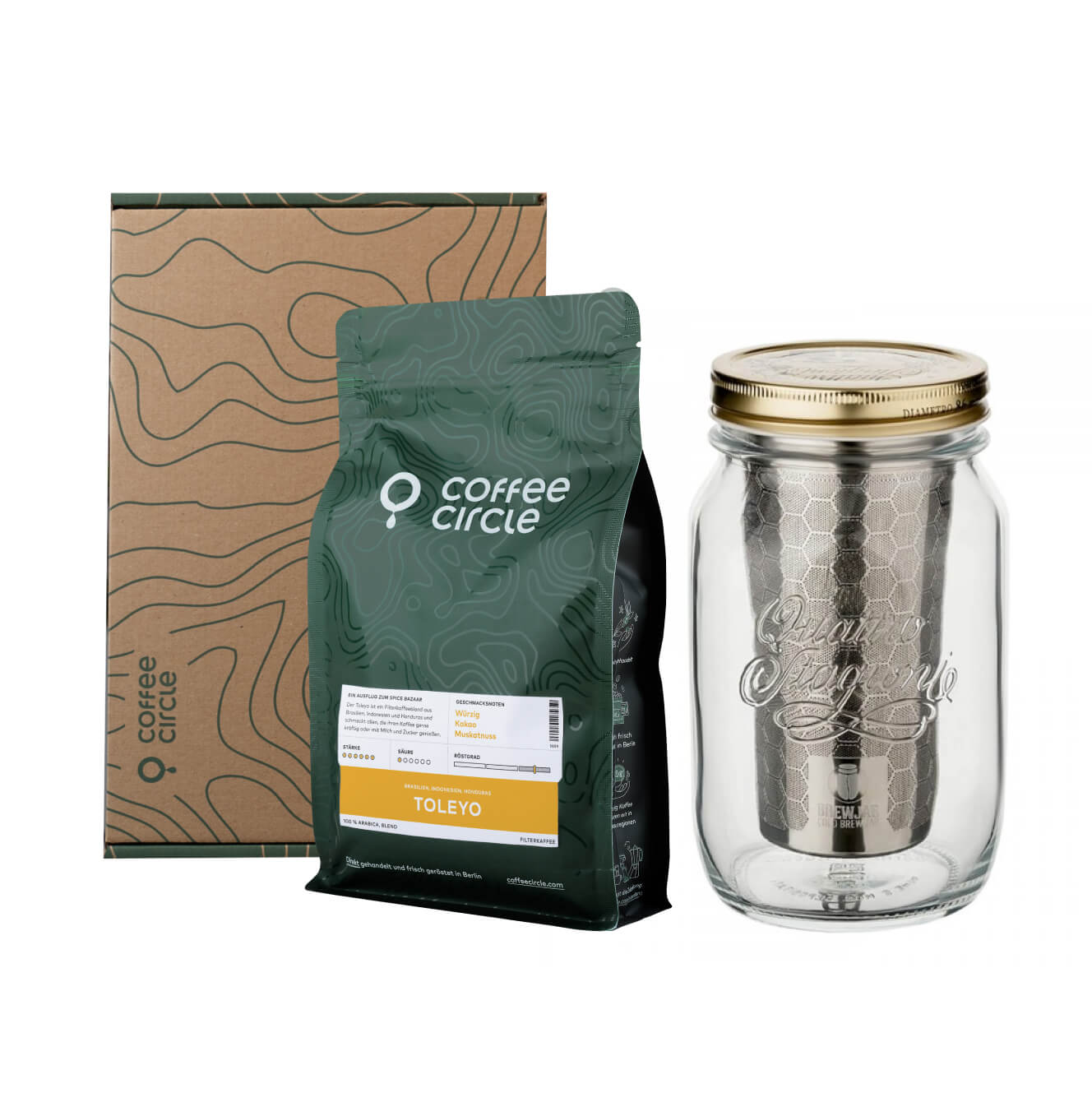Cold Brew Geschenkset mit Brewjar Cold Brew Jar und Kaffee ganze Bohne in Geschenkbox