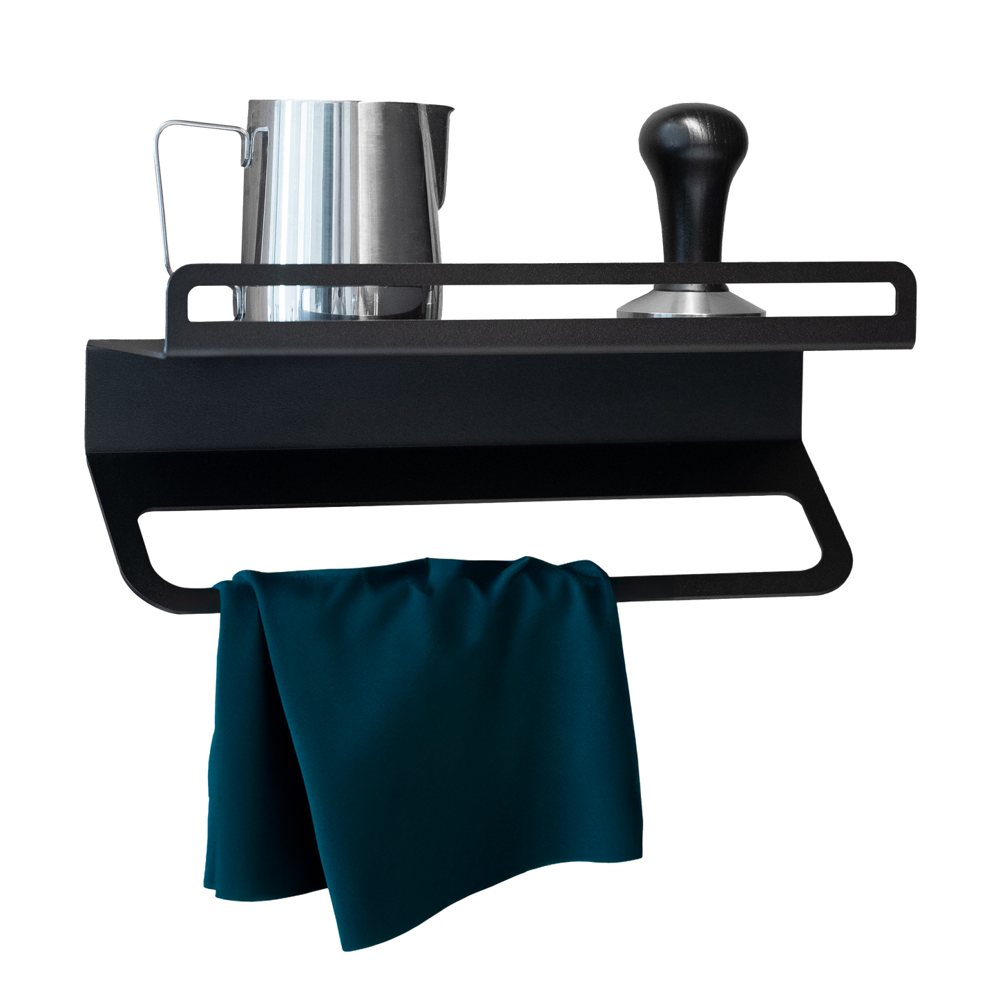 FLATE® Barista Towel Rack aus pulverbeschichtetem Stahl mit Ablage für Espressozubehör und Handtuch.