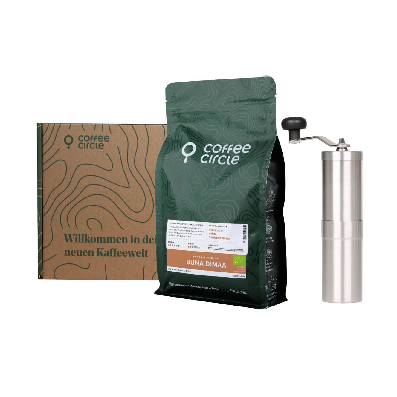 Porlex & Kaffee im Geschenkset mit Edelstahl-Handmühle und 250g Kaffeebohnen in Geschenkbox.