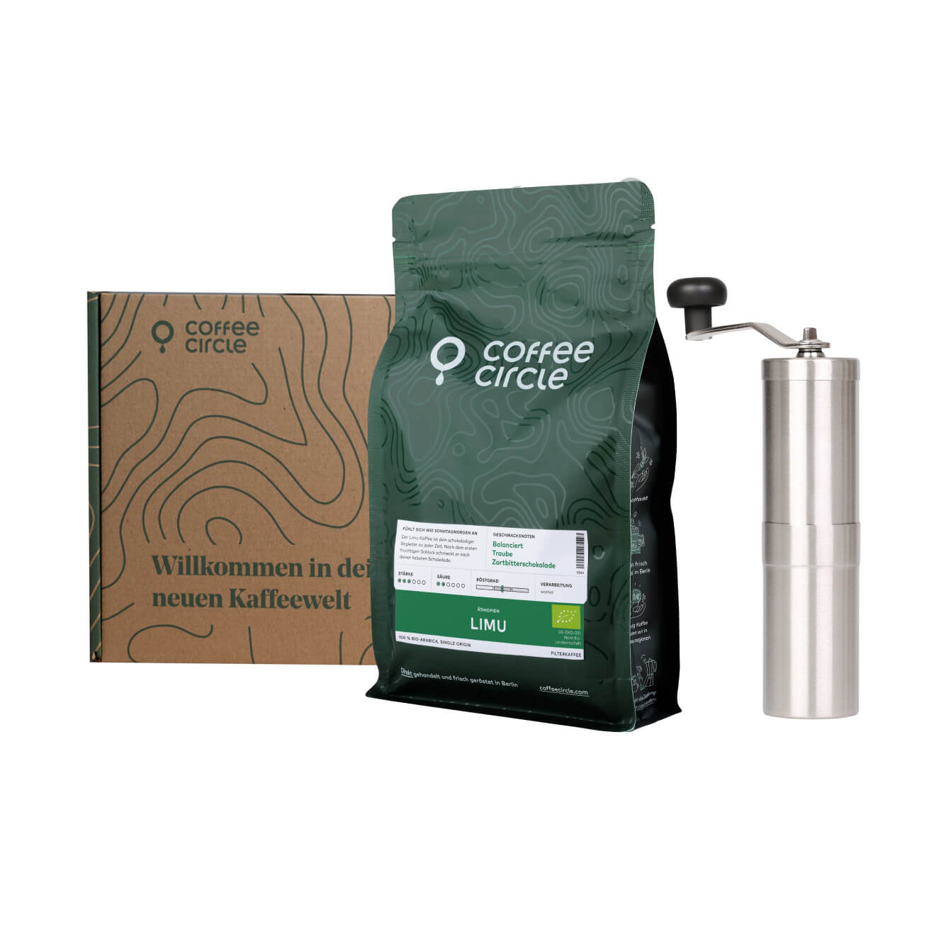 Porlex & Kaffee im Geschenkset mit Edelstahl Handmühle und ganzen Bohnen in Geschenkbox