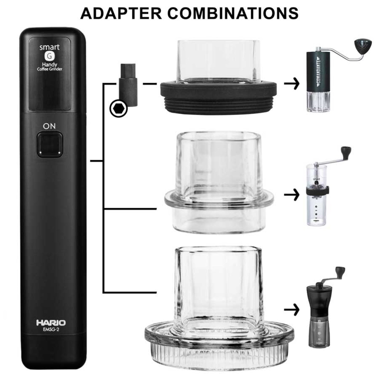 Hario Mobile Mill Stick + Comandante Adapter mit Adapterkombinationen für elektrische Handmühlen.