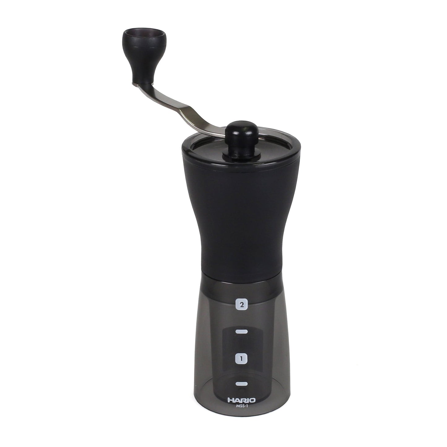 Hario Mini Mill PLUS Kaffeemühle mit stufenlosem Keramikmahlwerk und kompakter Bauweise in Schwarz.