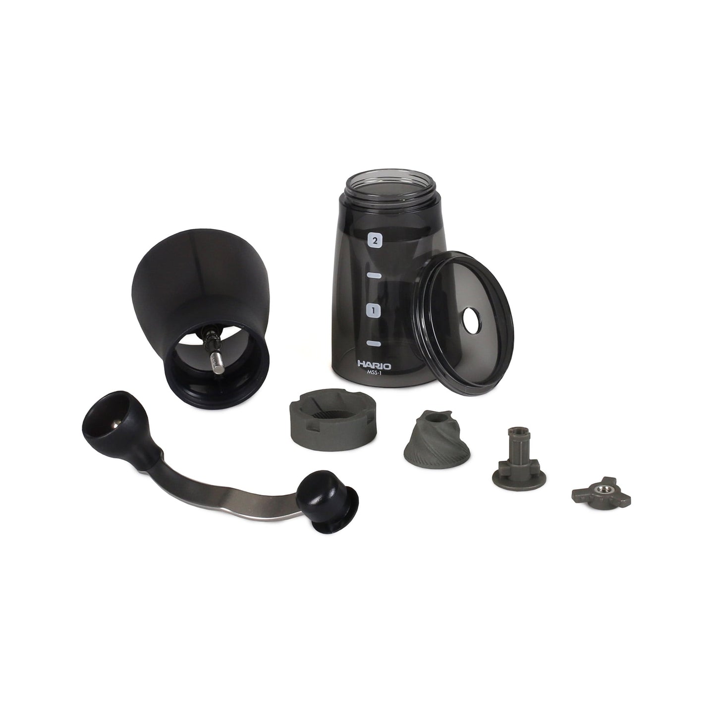 Hario Mini Mill PLUS Kaffeemühle zerlegt mit verstellbarem Keramikmahlwerk und 30g Bohnenbehälter.