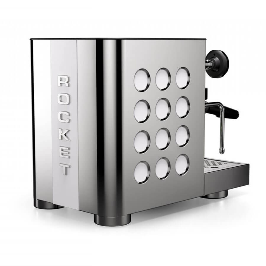 Rocket Appartamento TCA Espressomaschine Edelstahlgehäuse mit modernem Design und Vibrationspumpe.