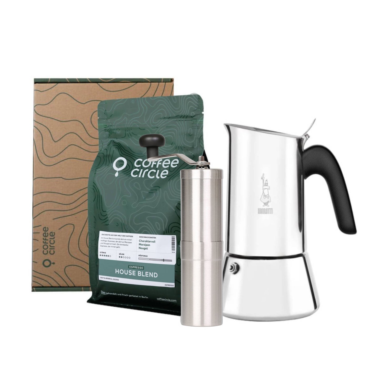 Bialetti Venus & Porlex mit Kaffee im Geschenkset mit Espressokocher, Handmühle und Espressobohnen