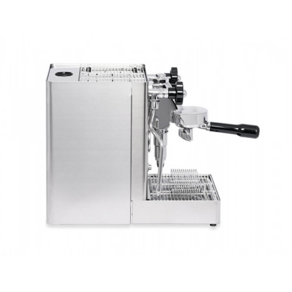 Lelit Mara X PL62X V2 Espressomaschine aus Edelstahl mit E61-Brühgruppe und Wassertank seitlich sichtbar