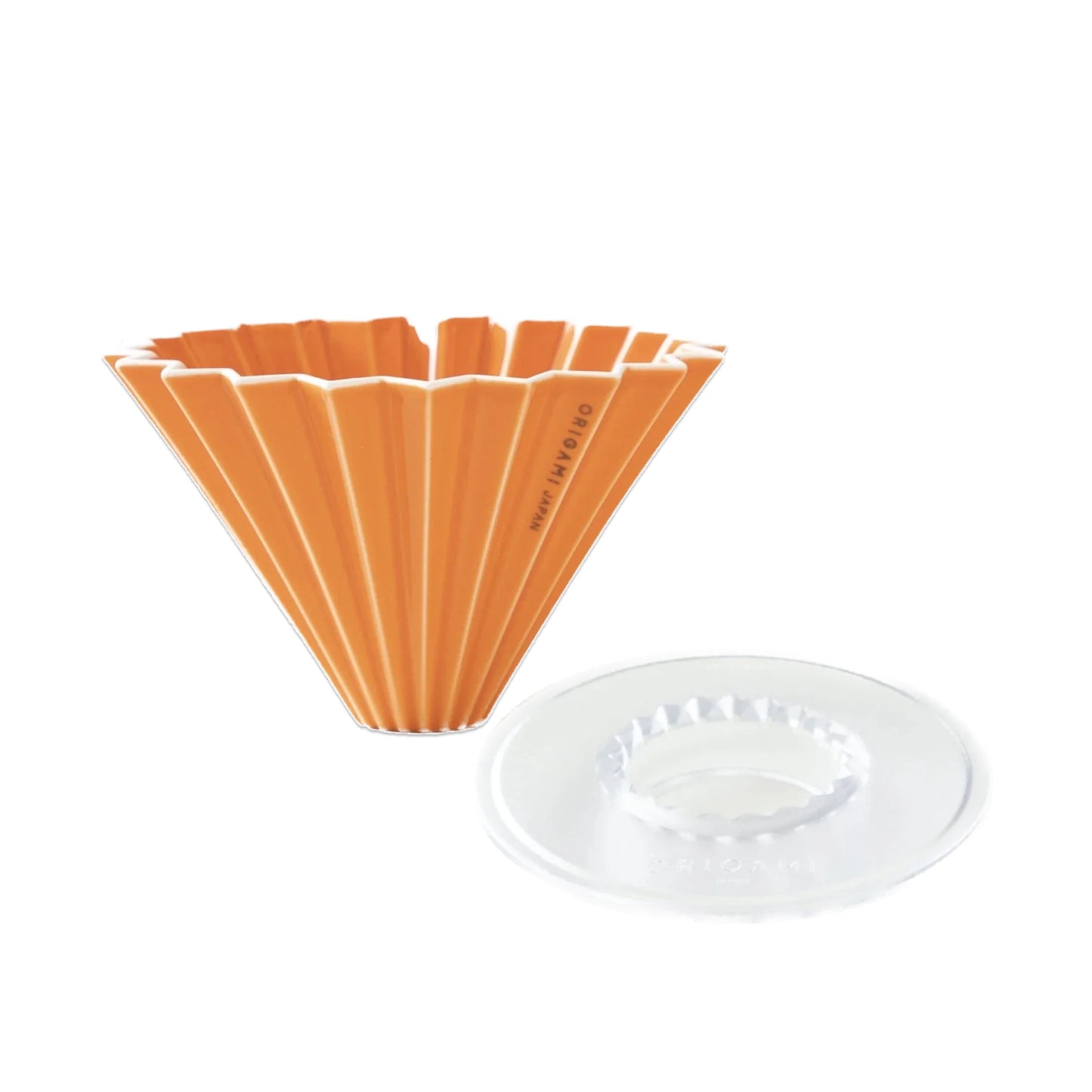 Origami Handfilter Dripper Set in Orange mit Porzellanfilter und transparentem Halter für Filterkaffee.