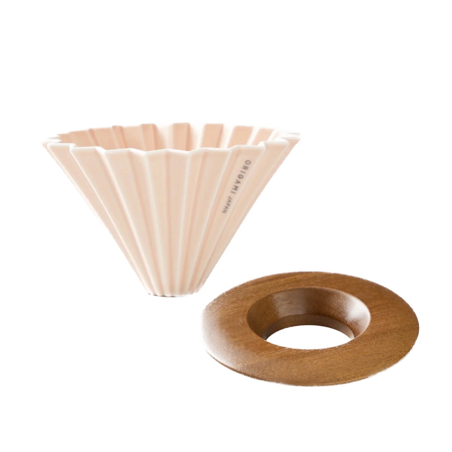 Origami Handfilter Dripper Set aus Porzellan mit Holzhalter, inspiriert von japanischer Papierfaltkunst.