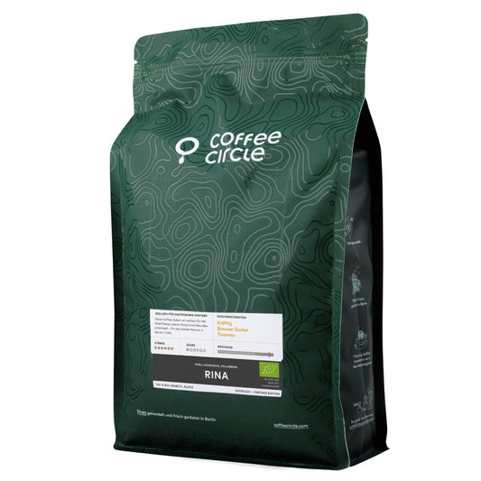 Espresso Rina, bio – nachhaltiger Kaffee exklusiv für Gastronomiekunden im eleganten Verpackungsdesign.
