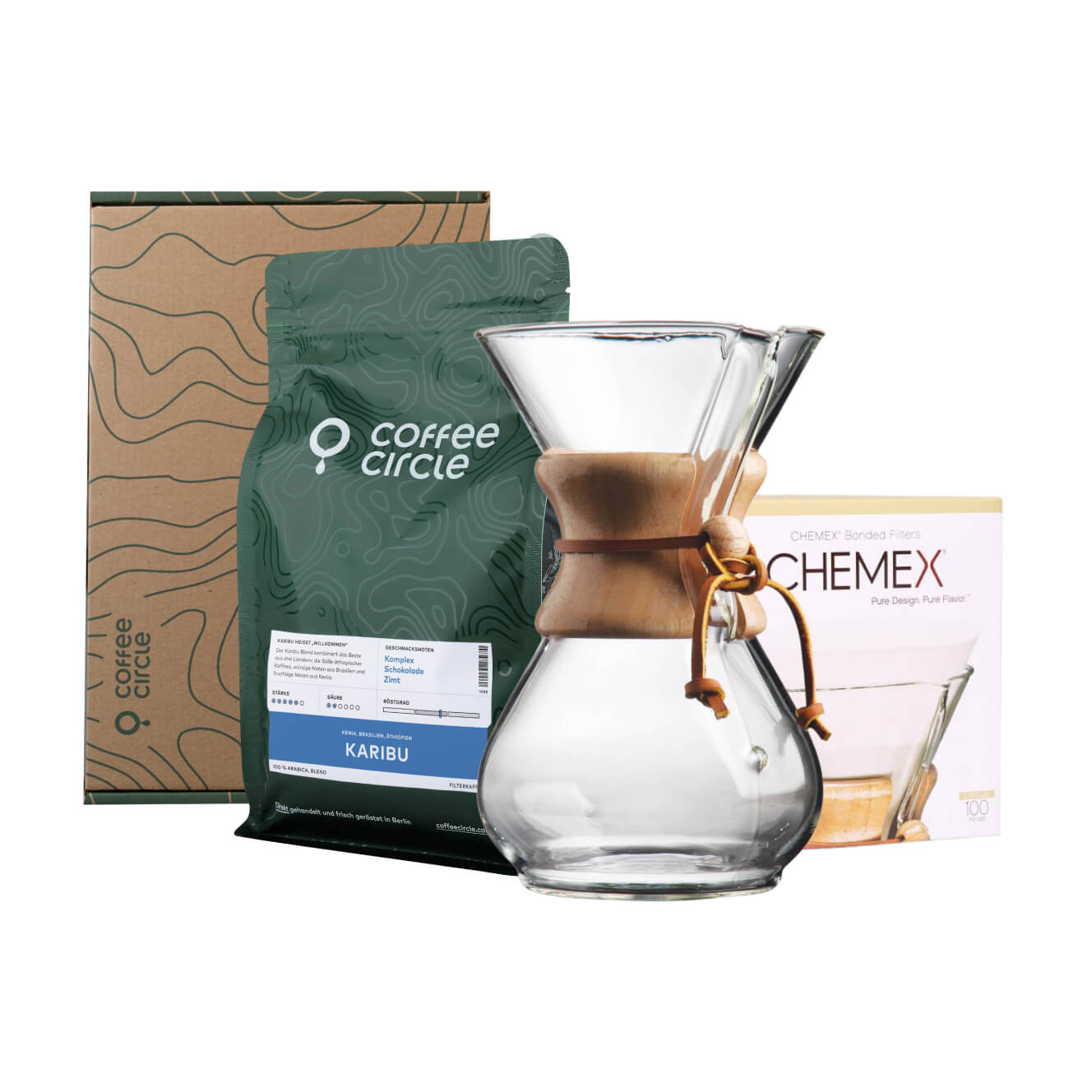 Chemex & Kaffee im Geschenkset mit Kaffeekaraffe, Filterpapier und Bohnen in Geschenkbox.