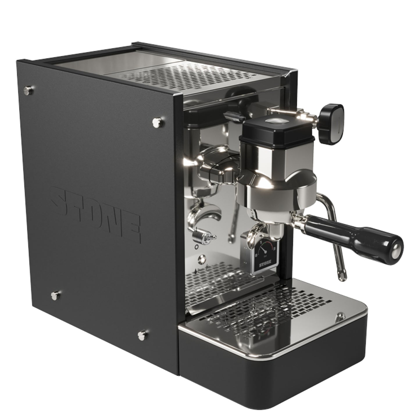 Moderate schwarze STONE Lite Espressomaschine mit Zweikreiser Technologie und kompaktem, industriellem Design.