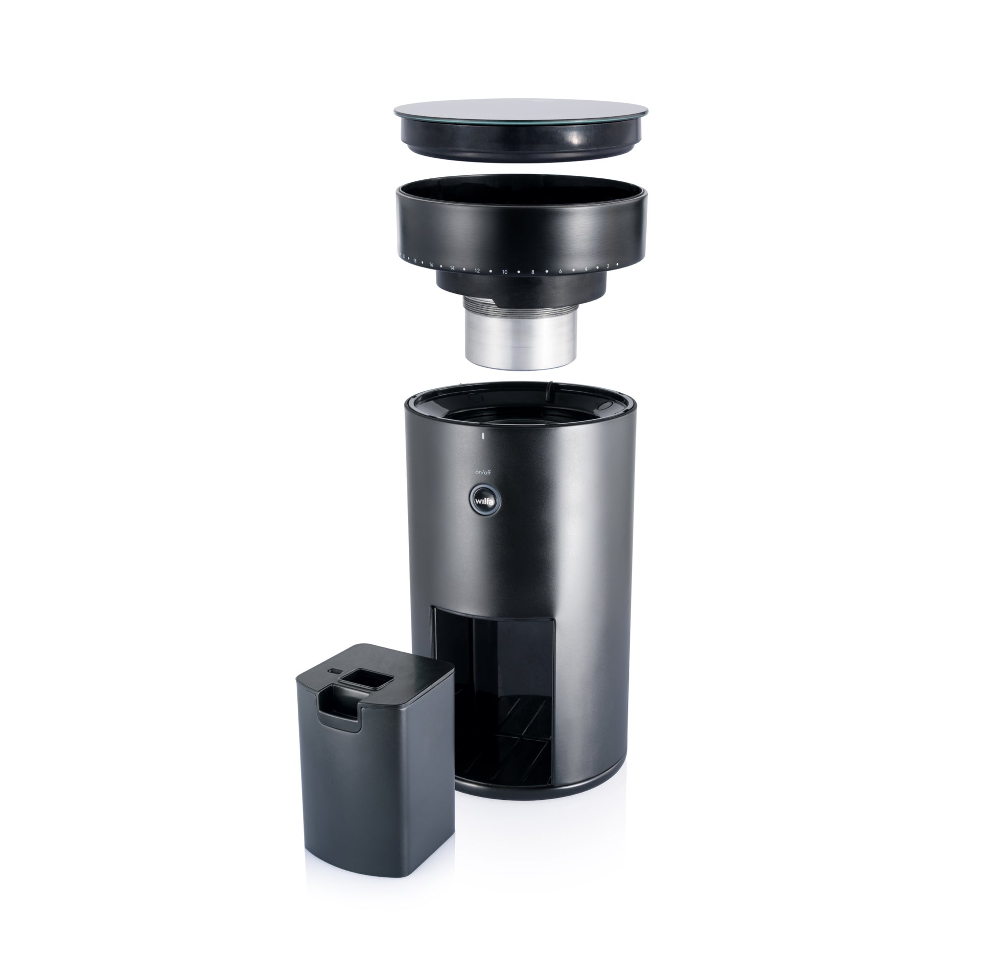 Wilfa Uniform Kaffeemühle in Schwarz, zerlegt mit Mahlwerk, Behälter und Deckel für Filterkaffee.