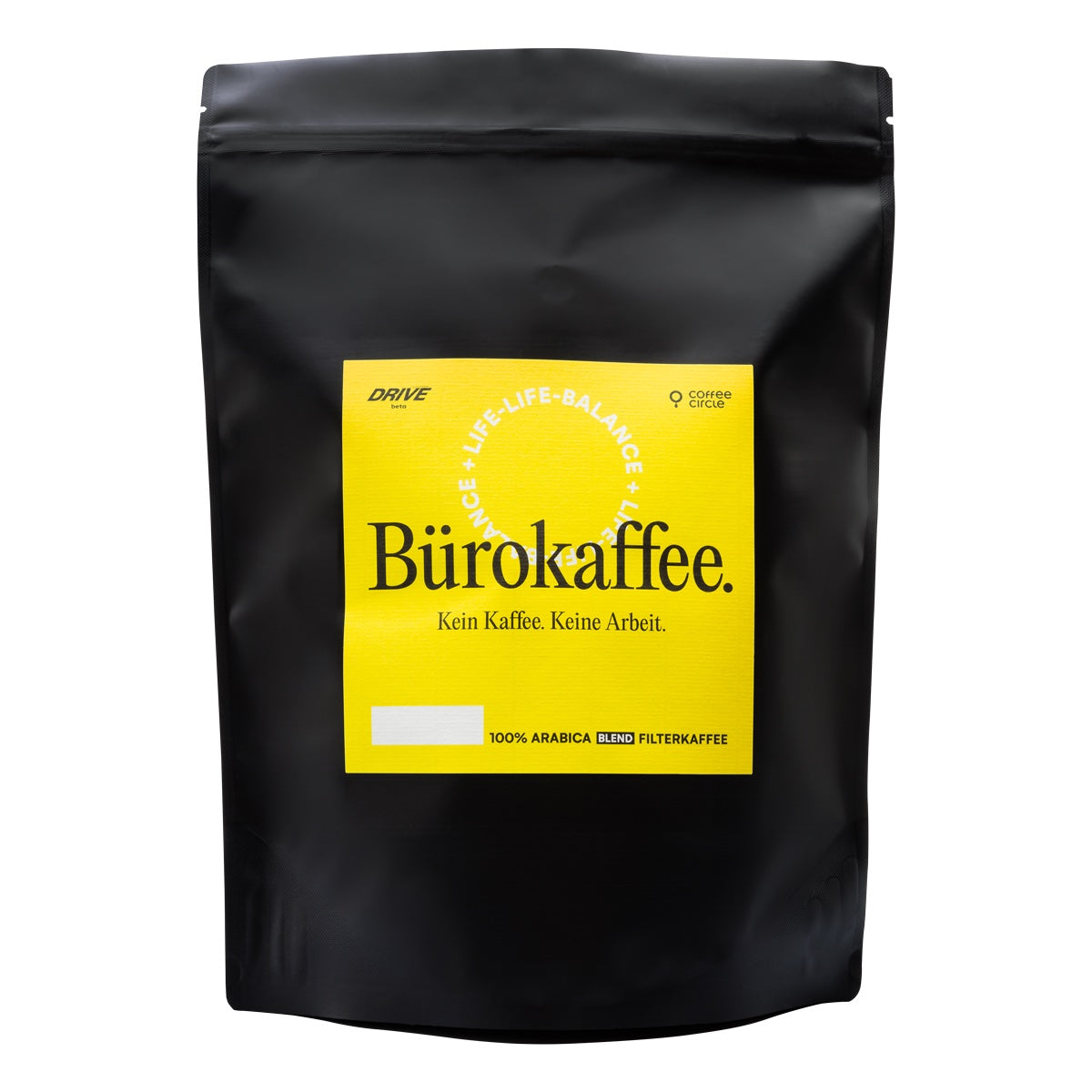 Schwarze Verpackung mit gelbem Etikett für Bürokaffee Filterkaffee Blend aus Brasilien, Indonesien und Laos.
