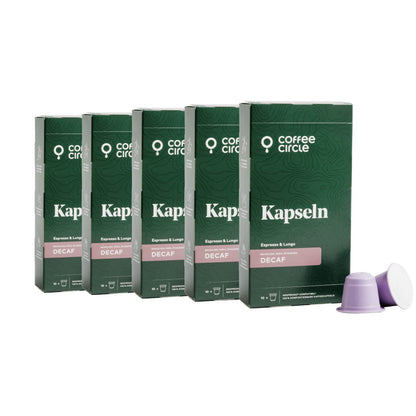 Multipack Kapseln Decaf Nespresso-kompatibel, kompostierbar, natürliche Rohstoffe, 10 Kapseln pro Packung.