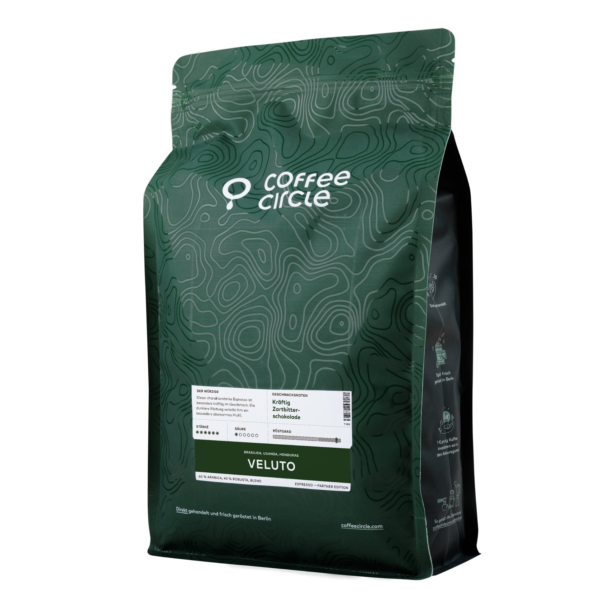 Espresso Veluto Kaffee in grünem Coffee Circle Verpackungsbeutel für Gastronomie Genuss.