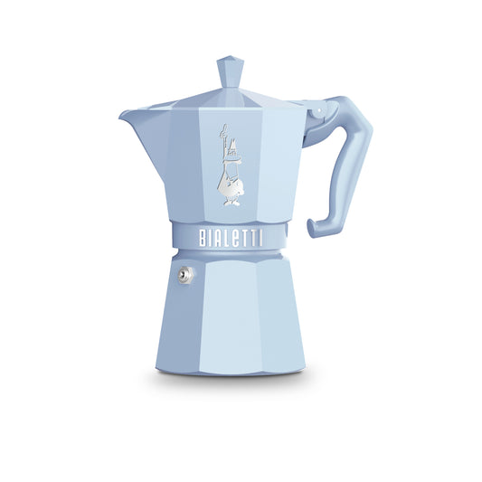 Bialetti Exclusive Moka Express Espressokocher aus Aluminium mit ergonomischem Griff in Hellblau.