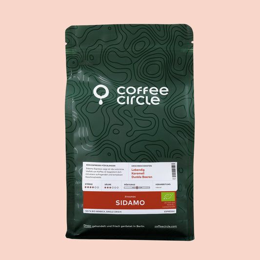 Espresso Sidamo, bio – kräftiger und aromatischer 100% äthiopischer Arabica Kaffee in grüner Verpackung.