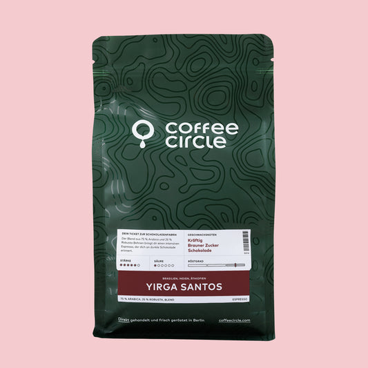 Espresso Yirga Santos von Coffee Circle mit 25% Robusta Anteil, vollmundiger Espresso Blend.