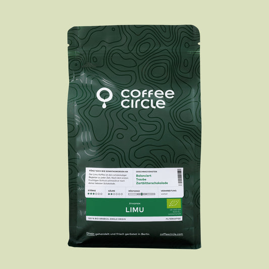 Limu Kaffee, bio in grüner Verpackung aus Äthiopien, hochwertiger Bio Filterkaffee aus Limu Hochland.